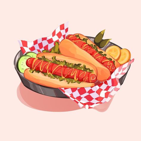 『COMMISSION SLOTS FULL』’s Instagram photo: “Commission for @b.sprout_illustrations 💞 it was a real challenge to make hotdogs aesthetic haha. Also remi is too cute 🥰🥰 #art #drawing…” Mumechi Art, Hotdogs Aesthetic, Hot Dog Drawing, Hod Dog, Food Artwork, Disney Shows, Kawaii Food, Game Inspiration, Prop Design