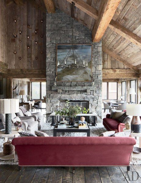 A rustic Montana mountain retreat's living room features a rough-hewn timber ceiling. Montana Lodge, Rustic Mountain Homes, Alpine Lodge, Alpine Chalet, Timber Ceiling, Ivy House, Summit County, Mountain Homes, Rustic Living