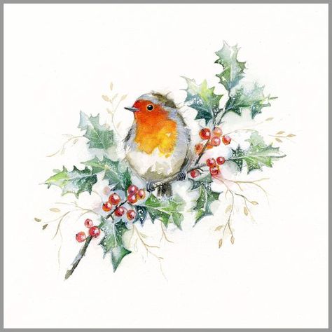 Painted Christmas Cards, Christmas Paintings On Canvas, Christmas Card Art, Watercolor Christmas Cards, Christmas Bird, Christmas Drawing, Watercolor Inspiration, Christmas Postcard, Vintage Christmas Cards