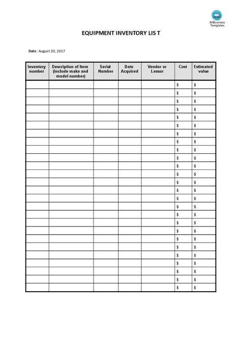 Equipment inventory list - How to write an Equipment inventory list? Download this Checklist on equipment inventory now! Office Equipment List, Ebay Inventory Organization, Inventory Management Templates, Inventory Organization, Inventory List, Kitchen Safety, Order Form Template, Business Basics, Word Templates