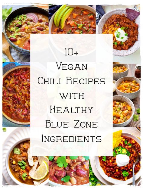 10+ Vegan Chili Recipes with Healthy Blue Zone Ingredients Vegan Chili Recipes, Blue Zones Diet, Blue Zones Recipes, Vegan Chili Recipe, Chili Recipe Crockpot, Gluten Free Chili, Crockpot Chili, Vegan Chili, Blue Zone