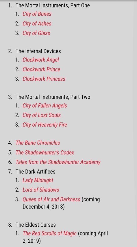 The correct order to read Cassandra Clare's books. How To Read Cassandra Clare Books, Shadow And Bone Books Aesthetic, Cassandra Clare Reading Order, Cassandra Clare Books Order, Shadowhunters Reading Order, Shadowhunters Books In Order, City Of Bones Book, Shadowhunters Books, Shadow Hunters Book