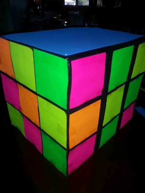 Made this for my 80's party,  decor.  Box,  black construction paper and neon post it notes. Fluro Party, 80s Prom Decor, 80s Prom Backdrop, 40 Birthday 80s Theme, Cricut 80s Decorations, 80s Prom Party Amazon.com, Glow Bowling, Lake Party, Bowling Birthday Party