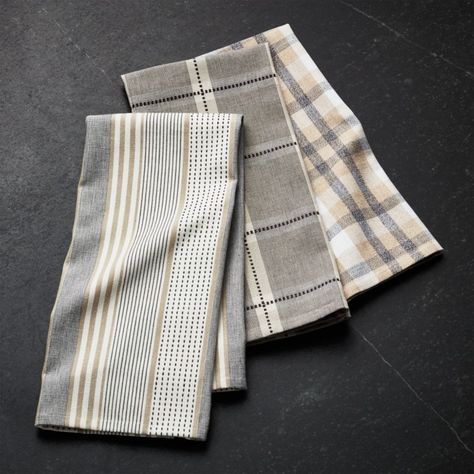 Myles Neutral Dish Towels, Set of 3 | Crate and Barrel Wood Turned Candle Holders, Pioneer Woman Dishes, Neutral Kitchen, Pajama Pattern, Wood Candle Sticks, Kitchen Dish Towel, Striped Towels, Kitchen Linens, Neutral Decor