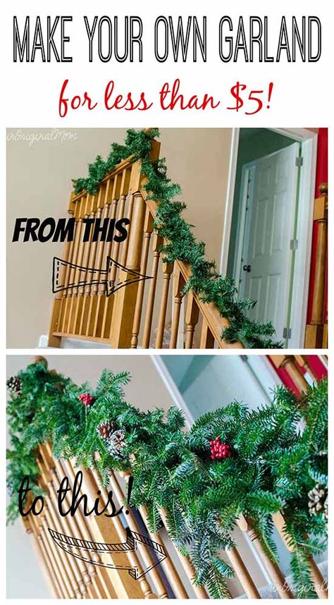 Make your own garland using cheap $2 garland strands from Walmart as a base and free clippings from the tree farm! | unoriginalmom.com | #christmas #garland #diy Make Your Own Garland, Dollar Store Christmas Decor, Christmas Staircase, Diy Christmas Garland, Christmas Garlands, Dollar Store Christmas, Dollar Tree Christmas, Cheap Christmas, Christmas Garden