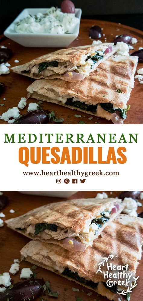 Quesadillas made with authentic Greek flavors, less than 10 ingredients and ready in no time! Greek Chicken Quesadilla, Mediterranean Quesadilla Recipes, Mediterranean Diet Quesadillas, Whole Wheat Tortilla Recipe Meals, Healthy Quesadilla Clean Eating, Mediterranean Quesadilla, Clean Eating Quesadilla, Spinach And Feta Gozleme, Greek Quesadillas