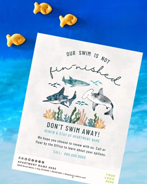 🦈💦We have an easy + budget friendly renewal idea that will make a splash with your residents! 💦🦈 Encourage your residents to float on into the office and dive into another year of “JAW-some” community living at your community!🌟🦈 🌱 Sprout Members, login to your member dashboard to download this design and view other renewal ideas! #RenewalIdea #CommunityLiving #SharkDesign #MakeASplash #SproutMembers Whale Birthday Parties, Birthday Party Menu, Whale Party, Under The Sea Animals, Whale Birthday, Ocean Birthday, Birthday Designs, Under The Sea Birthday, Sea Birthday Party