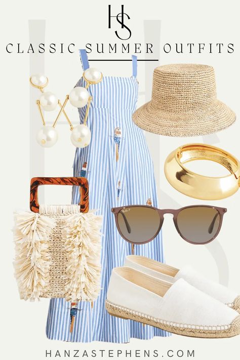 a blue striped dress with all of the fun summer accessories Blue Striped Dress Outfit Summer, Grand Millennial Fashion, Outfits For The Heat, Classic Striped Summer Dress, Blue Spring Outfits, Blue And White Striped Dress Outfit, Blue Summer Dress Outfit, White Striped Dress Outfit, Summer A-line Striped Dresses