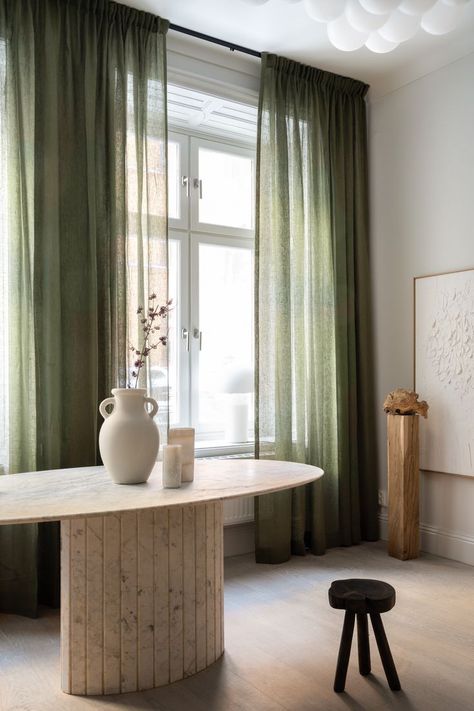 Linen Living Room Curtains, Green Linen Curtains, Green Curtains Living Room, Curtain Ideas For Living Room, Living Room Curtain Ideas, Sage Green Curtains, Room Curtain Ideas, Green Sheer Curtains, Curtain Inspiration