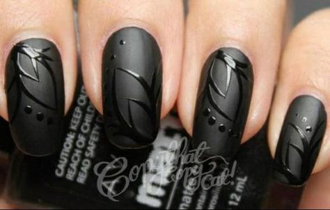 Matte black with shiny black design. Gothic Nail Art, Black And White Nails, Matte Black Nails, Gothic Nails, Black Nail Polish, Her Nails, Get Nails, I Love Nails, Nails Polish