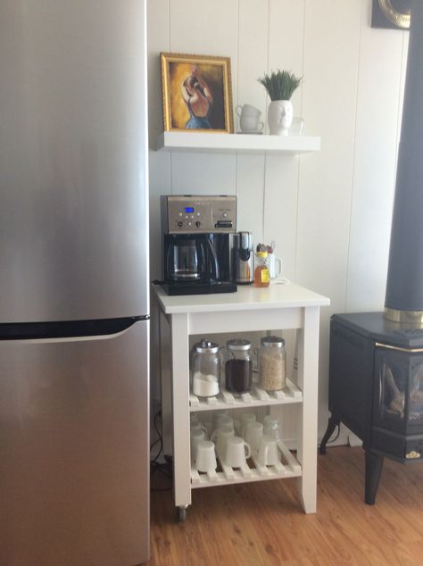 IKEA hack- coffee station Ikea Drink Station, Wine And Coffee Bar Ikea Hacks, Bekvam Coffee Station, Ikea Coffee Station Farmhouse, Ikea Forhoja Coffee Bar, Förhöja Coffee Bar, Ikea Bekvam, Coffee Bar Home, Coffee Station