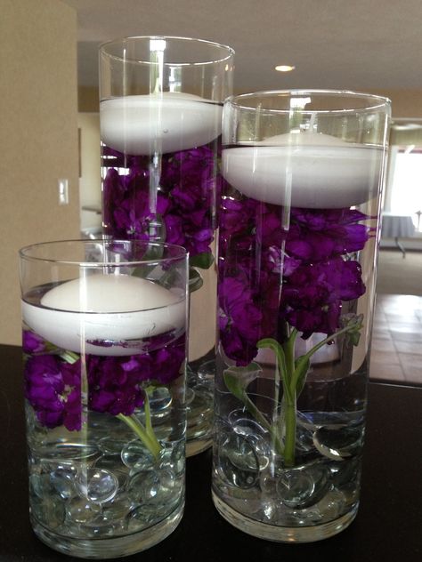 Purple Floating Candles, Flower Tables, Centerpiece Candles, Purple Wedding Tables, Dark Purple Wedding, Stock Flowers, Wedding Candles Table, Vase Diy, Flowers Dark