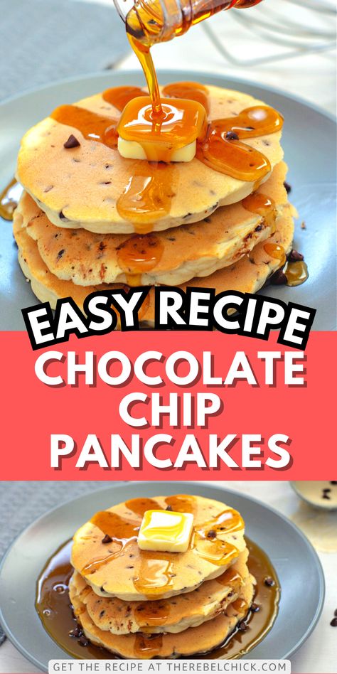 Chocolate Chip Pancakes covered in a pat of butter and syrup Chocolate Chip Pancakes Recipe, Food For Breakfast, Yummy Pancake Recipe, Easy Breakfast Recipe, Favorite Breakfast Recipes, Pancake Recipe Easy, Breakfast And Brunch, Chocolate Chip Pancakes, Tasty Pancakes