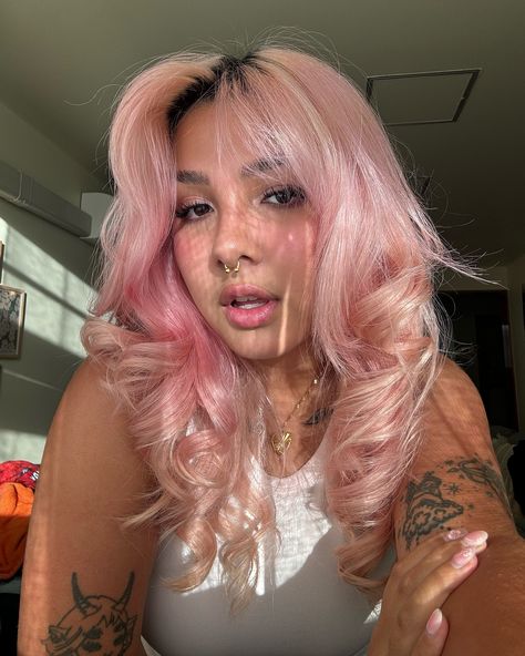 pink hair, hair aesthetic, hair, long hair, pastel pink hair, hair inspo. 🎀 Alternative Colored Hair, Pink Hair Curtain Bangs, Pink Hair On Tan Skin, Girls With Pink Hair, Pastel Hair Aesthetic, Pink Hair Brown Eyes, Pink Haired Girl, Pink Hair Tan Skin, Pink Hair Girl