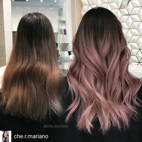 Flattering Hair Colors For Fair Skin, Pink Brown Hair Balayage, Rose Gold Balayage Black Hair, Rose Pink Balayage, Pastel Pink Balayage Brunette, Professional Hair Color For Work, Dusty Pink Balayage, Dusty Mauve Hair Color, Rose Brown Balayage