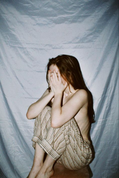 Girl sitting on chair with no shirt on with her head in her hands Denial Photoshoot, Indoor Photography Poses Women, Messy Photoshoot Ideas, Gore Photoshoot, Abandoned House Photoshoot, Nostalgia Photoshoot, Grungy Aesthetics, Emotions Reference, Indie Photoshoot