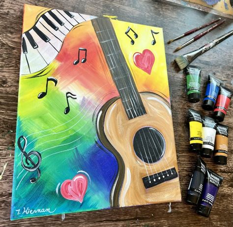 Colorful Music - Step By Step Painting Tutorial Music Related Drawings, Painting A Guitar, Guitar Art Painting, Music Art Painting, Painting Composition, American Flag Painting, Theme Painting, Fall Canvas Painting, Acrylic Painting Inspiration