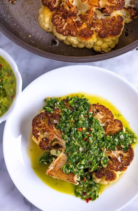 Chimichurri Cauliflower, Steak With Chimichurri, Cauliflower Steaks Recipes, Steak With Chimichurri Sauce, Cauliflower Steak, Roasted Cauliflower Steaks, Paleo Cauliflower, Chimichurri Recipe, Keto Side