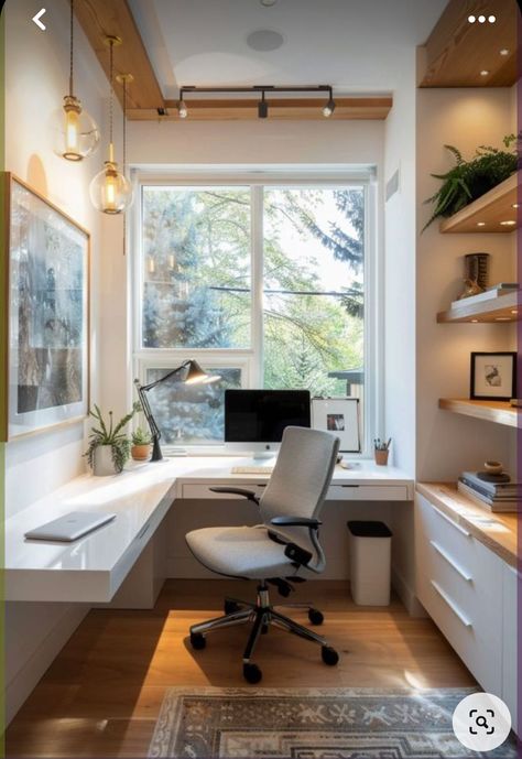 Small Home Office Addition, Home Office Built Ins With Desk Around Window, Home Office Rectangle Room, Office With Floor To Ceiling Windows, Office From Home, Office Space In Home, Home Office Corner Window, Small Office Home Office Design, Desk Facing Window Home Office