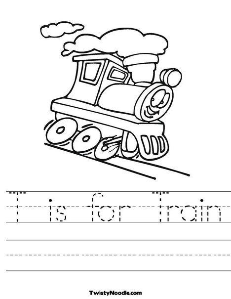 T is for Train Worksheet from TwistyNoodle.com Train Worksheets Preschool, Train Outline Printable, Train Books Preschool, Worksheet On Transport For Kindergarten, T Is For Train, Train Clipart Black And White, Toddler Alphabet, Trains Preschool, Preschool Transportation