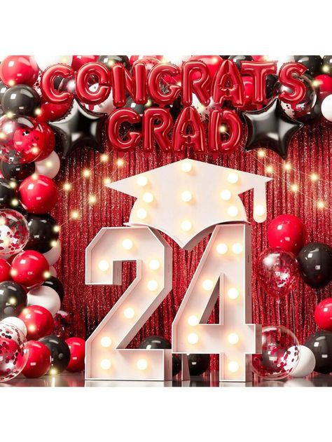 Graduation Decorations 2024, 90 PCS Red And Black Graduation Party Supplies With 3FT Marquee Light Up Number 24 & Grad Cap Mosaic Letter Sign, Foil Curtains, Led String Lights, Balloons Garland Kit | SHEIN USA Red Black And White Graduation Decorations, Black And Red Graduation Party, Red And Gold Graduation Party Ideas, Black And Red Graduation Party Ideas, Red And Black Graduation Party Ideas, Red Classroom, Grad Decor, Light Up Letter, Pinning Ceremony Nurse