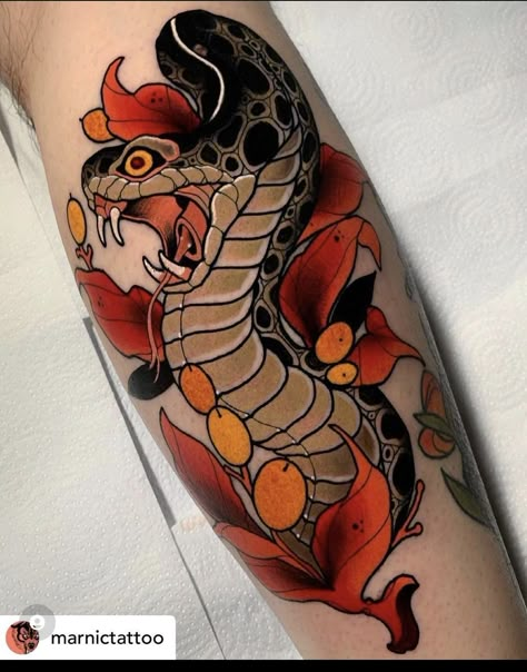 Neotrad Snake Tattoo, Neo Traditional Snake Tattoo Design, Snake Tattoos Japanese, Traditional Japanese Snake Tattoo Design, Japanese Style Snake Tattoo Sleeve, Neo Japanese Snake Tattoo, Calf Tattoo, Snake Tattoo, New Tattoos