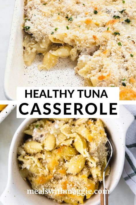 PASTA SHELLS WITH TUNA CASSEROLE IN A DISH WITH A FORK IN IT. Crockpot Tuna Casserole, Tuna Casserole Healthy, Healthy Tuna Casserole, Macro Dinner, Wife Status, Casserole Meals, Tuna Casserole Recipes, Bread Toppings, Quick Protein