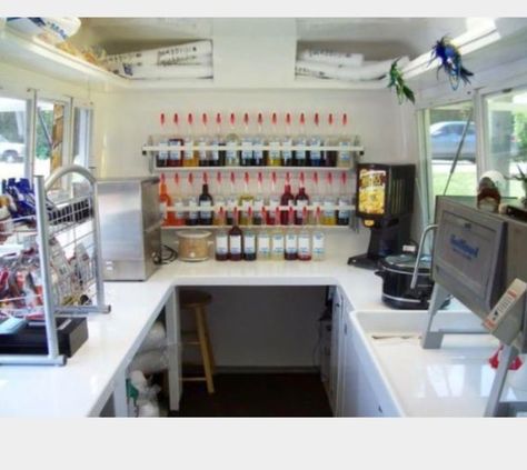 Mobile Slushie Bar, Ice Cream Trailer Business, Ice Cream Trailer Interior, Lemonade Trailer Interior, Diy Concession Trailer, Soda Truck Ideas, Food Truck Storage Ideas, Shaved Ice Cart, Soda Shop Ideas