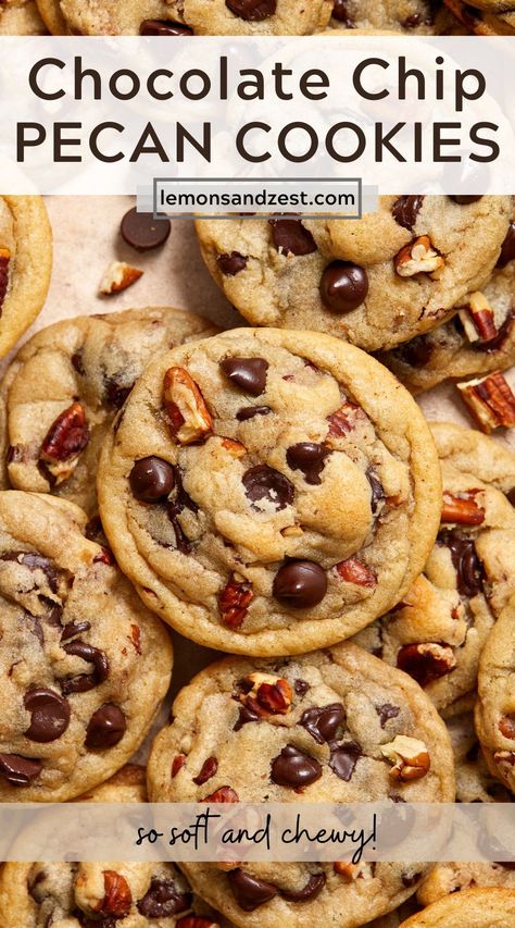 These irresistibly soft and chewy Chocolate Chip Pecan Cookies are a perfect option when a cookie craving hits. Only about 15 minutes to prep filled with toasted pecans and all the chocolate chips. A new family favorite cookie you will love! Gourmet Lemon Cookies, Chocolate Chip And Pecan Cookies, Pecan Pie Squares, Pecan Pie Cake Recipe, Pie Cake Recipe, Pecan Pie Cheesecake Bars, Pecan Pie Bar, Easy Pecan Pie, Pecan Pie Cake