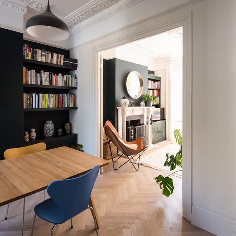 Victorian townhouse renovation in Stoke Newington, London Dining Room Townhouse Interior Design, Victorian Living Room Knock Through, Knock Through Lounge Diner Victorian Terrace, Victorian Knock Through Lounge, Victorian Terrace Dining Room Ideas, Victorian Terrace Open Plan, Victorian Terrace House Dining Room, Victorian Living Dining Room Open Plan, Victorian House Living Room Ideas