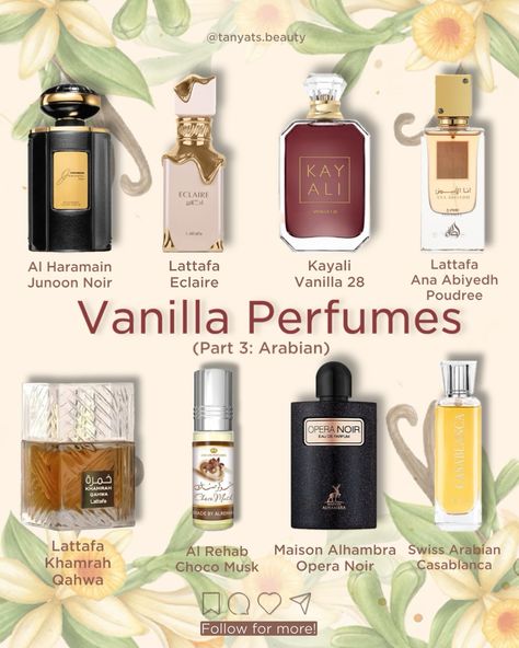 Easily Likeable Vanilla Perfumes: Middle-Eastern Edition ⠀ Surprisingly, it was hard to create a collection of Arabian vanilla perfumes. The reason is simple: almost every trending Arabian perfume for women has a vanilla note. ⠀ I’ve tried to pick only those options where the note of vanilla is prominent, and all these perfumes can be considered relatively safe blind buys if you like the description. ⠀ ▫️ Al Haramain Junoon Noir — by far my favorite Arabian perfume. It’s super feminine and su... Halal Perfume For Women, Sweet Arabian Perfume, Delicious Perfume For Women, Vanilla Notes Perfume, Arab Beauty Products, Vanilla Perfume Arab, Nemat Vanilla Musk, Gourmand Arab Perfumes, Middle Eastern Fragrances