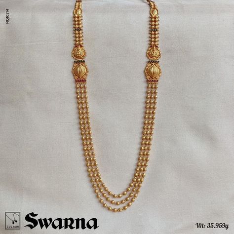 Layered Haram Gold, Gundla Mala Necklaces, Step Chains Designs, Mohanmala Gold Design, Mohan Mala Jewellery Gold, Gundla Haram Designs, Gold Mala Designs, Swarna Jewellers, Gundla Mala