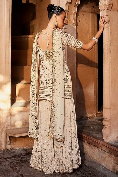 Wedding Dresses - Buy Latest Designer Wedding Dresses Collection online Indian Wedding Dress Traditional, Georgette Dupatta, Vacuum Storage, Indian Wedding Wear, Traditional Indian Wedding, Sharara Set, Indian Wedding Dress, Gold Pattern, Wedding Wear