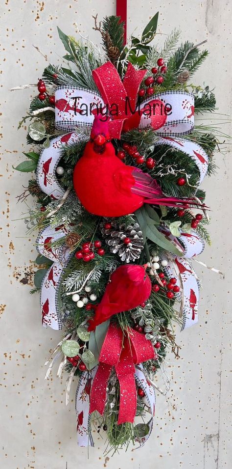 Wreaths & Bows : Inspiration and Ideas by Wreath & Bow Co | Decided to do a cardinal swag but a little more simple than my last ones ❤️ | Facebook Swag Ideas For Christmas, Cardinal Christmas Wreaths, Cardinal Wreath Ideas, How To Make A Swag Wreath, Christmas Swags Ideas Diy, Cardinal Wreaths, Christmas Swags Ideas, Cardinal Winter, Cardinal Wreath