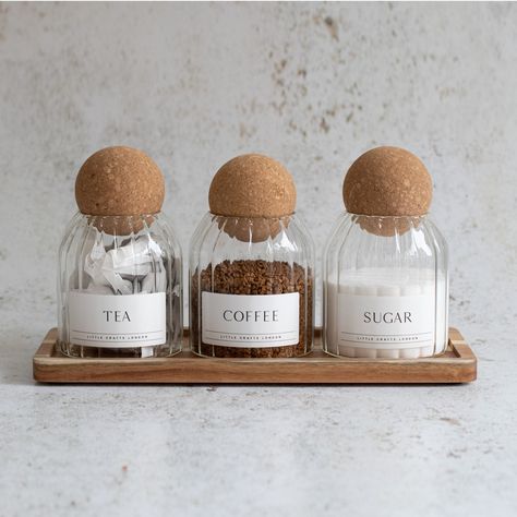 Tea Coffee Sugar Sets — Glass Pantry Jars Bamboo & Acacia — LITTLE CRAFTS LONDON Sugar Tea Coffee Containers, Glass Jars With Wooden Lids, Cork Ball, Spice Jars With Bamboo Lids, Tea Coffee Sugar Jars, Little Crafts, Tea Coffee Sugar Canisters, Glass Pantry, Glass Storage Jars Bamboo Lid