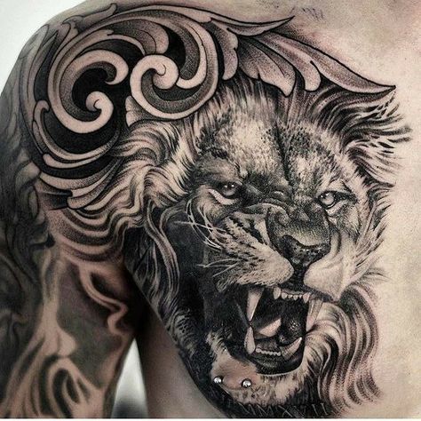 Lion Strength, Lion Chest Tattoo, Lion Shoulder Tattoo, Tatuaje Trash Polka, Tier Tattoo, Filigree Tattoo, Lion Tattoo Sleeves, Lion Head Tattoos, Leo Tattoos