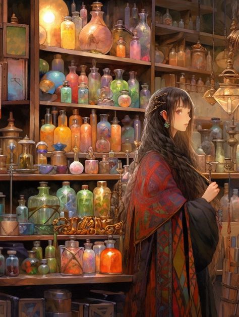 Steampunk Illustration Character Concept, Potion Maker Character Design, Herbalist Witch, W.i.t.c.h Fanart, Fantasy Forest, Magical Art, Fantasy Setting, Witch Art, Witch Aesthetic