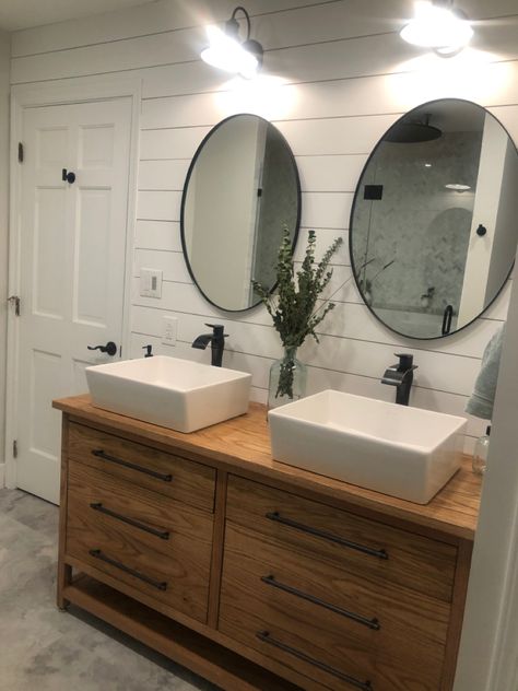 Farmhouse bathroom with custom canity, vessel sinks, shiplap and custom natural stone marble shower. Bathroom Sink Bowls On Top, Bathroom Vanity Vessel Sink Ideas, Double Bowl Vanity Bathroom, Bowl Vanity Sink, Sink Bowl On Top Of Vanity Farmhouse, Square Sinks In Bathroom, Vessel Sink Bathroom Vanity Farmhouse, Farmhouse Bathroom Vanity With Vessel Sink, Double Vanity With Vessel Sinks