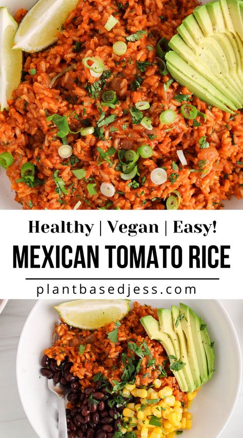 View on a bowl of vegan Mexican rice. Mexico Vegan Recipes, Vegan Mexican Rice Recipe, Mexican Plant Based Recipes, Vegan Mexican Side Dishes, Plant Based Mexican Recipes, Plant Based Mexican, Vegan Mexican Rice, Mexican Rice Dishes, Vegan Mexican Food