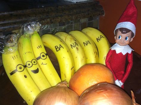 Minion bananas drawn by elf on the shelf Banana Elf On The Shelf Ideas, Elf Minion Banana, Elf On The Shelf Big Buns, Elf Bananas, Elf On The Shelf Bananas, Elf And Bananas, Welcoming Elf On The Shelf First Time, Minion Banana Elf On The Shelf, Elf On The Shelf Memes Hilarious