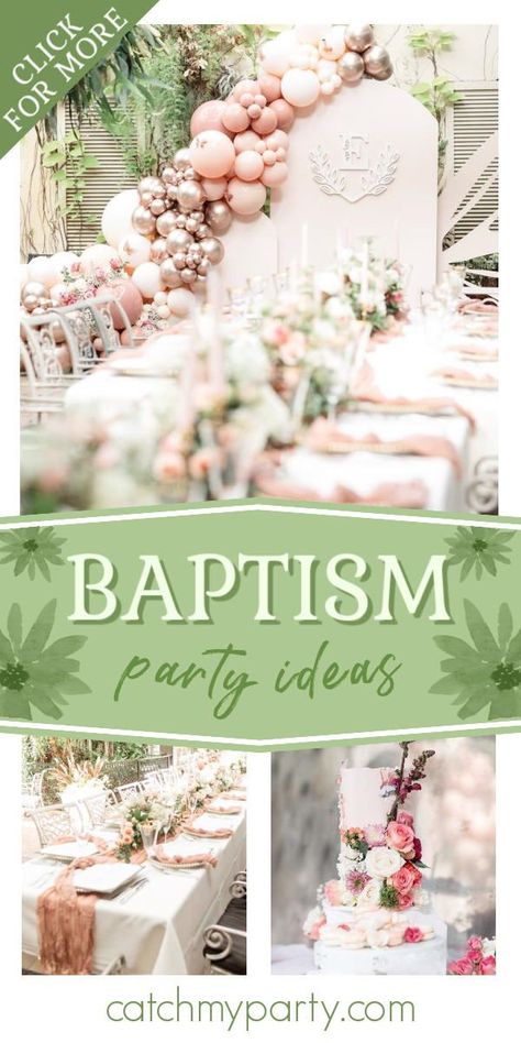 Take a look at this beautiful enchanted garden baptism! The cake is amazing! See more party ideas and share yours at CatchMyParty.com Baptism Theme Ideas Girl, Outdoor Baptism Party Ideas, Baptism Theme Ideas, Girl Baptism Ideas, Christening Party Ideas, Activities For Birthday, Baptism Decorations Girl, Baptism Themes, Baptism Party Ideas