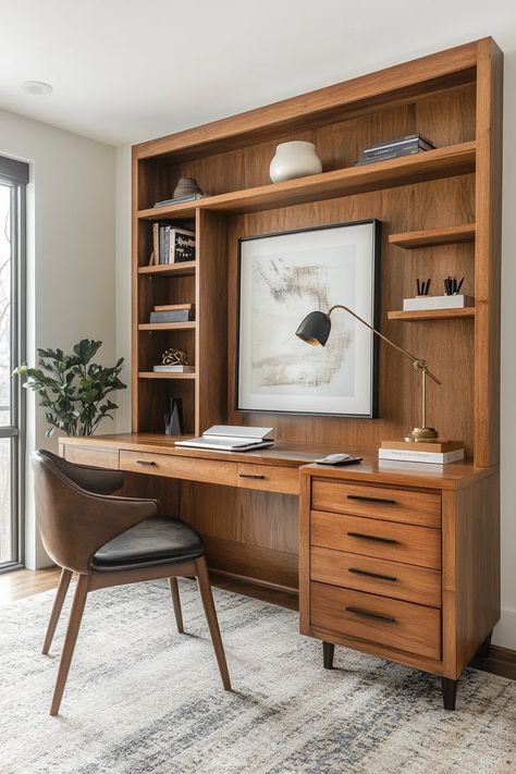 Mid-century modern home office with teak shelving floating desk retro lamp ergonomic chair minimalist art Mid Century Modern Executive Desk, Mid Century Modern Desk Makeover, Modern Home Layout, Modern Home Color Palette, Modern Home Colors, Mid Century Modern Homes Exterior, Midcentury Desk, Aesthetic Apartments, Modern Home Architecture