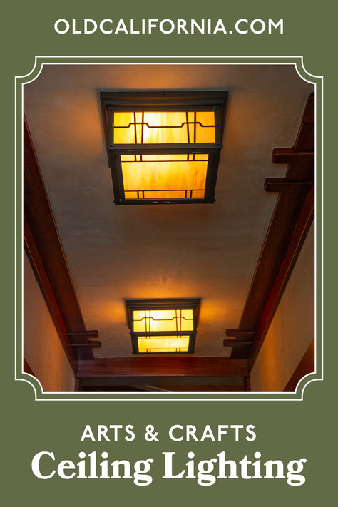 A pair of ceiling lights for an Arts & Crafts home. The fixtures are inspired by the work of Greene & Greene. Craftsman Ceiling, Arts And Crafts Style Homes, Craftsman Lighting, Old California, Stained Glass Chandelier, Lantern Designs, Stained Glass Light, Arts And Crafts Style, Lantern Floor Lamp