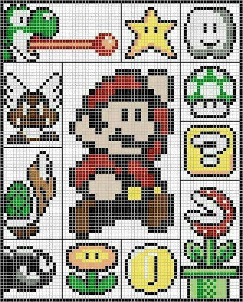 Super Mario Pixel Art, Super Mario Crochet, Mario Cross Stitch, Pixel Art Mario, Aesthetic Crochet Patterns, Mario Crochet, Perler Bead Mario, Crochet Patterns Ideas, Graph Crochet