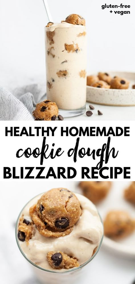 You’ve got to try this healthy homemade cookie dough blizzard recipe that totally gives Dairy Queen a run for it’s money! This recipe is gluten free, dairy free, vegan, plant based, made with whole food ingredients, a delicious edible homemade cookie dough, and it’s packed with plant protein! Vegan Blizzard, Cookie Dough Blizzard Recipe, Cookie Dough Blizzard, Blizzard Recipe, Vegan Week, Homemade Cookie Dough, Edible Cookie Dough Recipe, Healthy Cookie Dough, Homemade Cookie