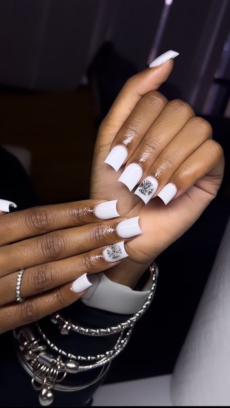 White Nails With Chrome Heart, Girly Acrylic, Acrylic Nail Set, Hard Nails, Drip Nails, Colored Acrylic, Simple Gel Nails, White Acrylic Nails, Colored Acrylic Nails