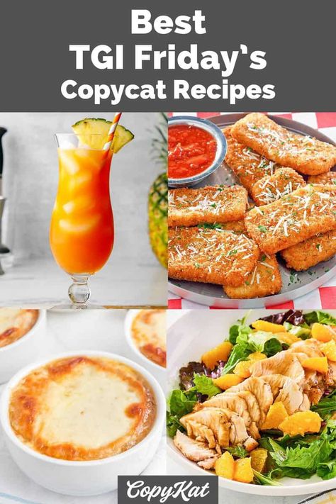 If you're a fan of TGI Friday’s and want to recreate their famous dishes at home, you're in luck! You can make delicious drinks, appetizers, entrees, desserts, dips, and sauces that taste just like the real thing. These TGI Friday’s copycat recipes are sure to be a favorite. Tgif Recipes Copycat, Tgif Copycat Recipes, Tgi Fridays Recipes, Copycat Tgi Fridays Recipes, Tgi Fridays Copycat Recipes, Best Copycat Recipes Restaurants, Fridays Restaurant, Copycat Recipes Desserts, Restaurant Recipes Famous