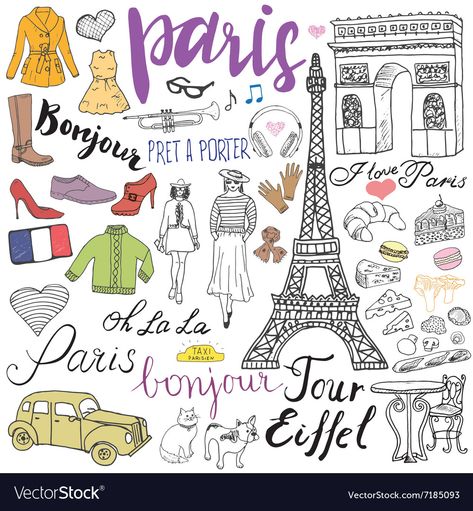 Paris doodles elements Hand drawn set with eiffel Vector Image Paris Doodles, Bulldog Francese, Stall Shower Curtain, Famous Landmarks, Drawing Set, Personalized Products, Travel Journal, Paris France, Notre Dame