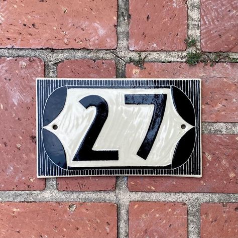 House Number Yard Sign Diy, Front Yard Address Sign, Cottage House Numbers, Ceramic Address Plaque, Hand Painted House Numbers, Front Exterior House Design, Clay House Numbers, Address Numbers On House, Creative House Number Ideas