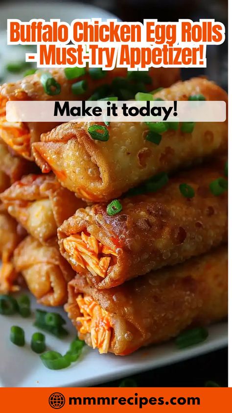 Craving something spicy? These Buffalo Chicken Egg Rolls are the perfect appetizer! Crispy on the outside, filled with spicy buffalo chicken and creamy cheese. Perfect for parties or game day! Save this recipe and spice up your next event! Buffalo Chicken Egg Rolls, Spicy Buffalo Chicken, Chicken Egg Rolls, Egg Roll, Creamy Cheese, Egg Rolls, Spicy Chicken, Buffalo Chicken, Game Day